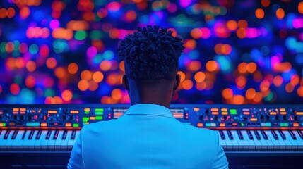 Wall Mural - a man in a crisp white suit skillfully plays a keyboard, with a vibrant screen backdrop enhancing th