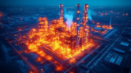 Poster - An expansive energy generation facility is illuminated by bright flames as smoke billows upwards. The infrastructure showcases intricate extraction processes at dusk.