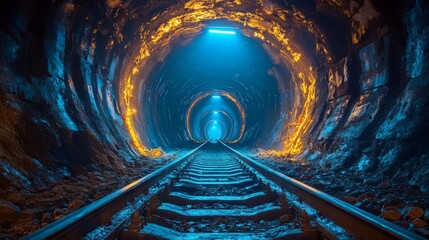 Aufkleber - Workers are in an underground mining tunnel with glowing walls. Steel tracks lead deeper into the earth, indicating extensive extraction and processing operations in the area.