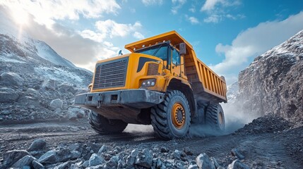 Aufkleber - A large dump truck navigates through a quarry, moving extracted materials across rough terrain while surrounded by rocky cliffs and bright skies, showcasing mining activities.