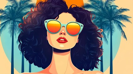 Wall Mural - stylish woman in shades stands amid lush palm trees, embodying summer vibes in a playful, modern ill