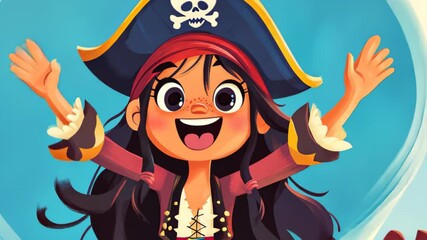 Wall Mural - a vibrant female pirate cartoon character joyfully waves, showcasing modern flat design with engagin
