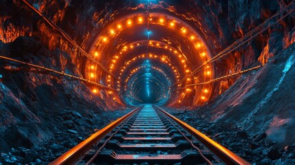 Leinwandbilder - A well lit underground mining tunnel showcases tracks running deep into the earth, with bright lights illuminating the rocky walls rich in minerals, highlighting excavation efforts.
