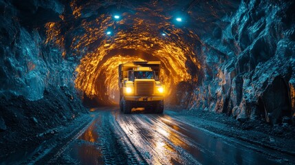 Aufkleber - A large mining truck drives through an underground tunnel during a mineral extraction operation. Bright lights illuminate the rock walls and wet ground, showcasing the mining activity.