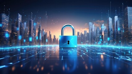 A digital futuristic representation of cybersecurity showcasing a black padlock at the center