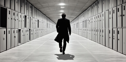 Poster - A cybersecurity professional in a suit walks confidently through a corridor filled with secured data storage lockers. This setting emphasizes the importance of risk management and data safety.