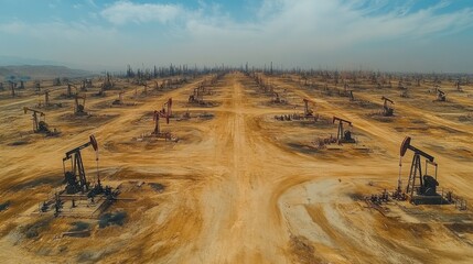 Aufkleber - An extensive oil extraction site shows multiple drilling rigs and pipelines in a sprawling desert area with minimal vegetation. The sky is clear, and the environment appears dry.