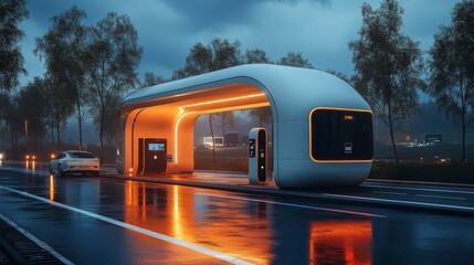 Aufkleber - Electric vehicles recharge at a futuristic charging station during twilight, featuring innovative architecture and renewable energy technologies along a busy highway.