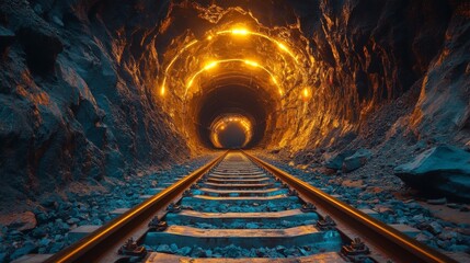 Fototapete - Tracks guide into a brightly illuminated tunnel within a mining site, emphasizing the advanced infrastructure used for mineral excavation and processing activities.