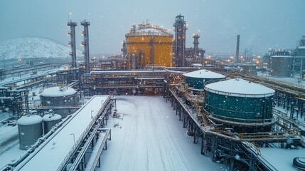Leinwandbilder - Heavy snowfall covers a mining and power generation facility. Workers are busy with excavation and metallurgy while equipment operates amidst a winter landscape.