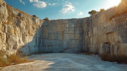 Poster - This site features a vast quarry with steep rock walls illuminated by the sun. Surrounding vegetation indicates a blend of natural and industrial landscapes where minerals are extracted.