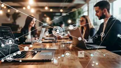 Poster - A diverse team collaborates bright, modern office space, analyzing data laptops. Digital overlays graphs , network icons symbolize connectivity , data analysis. The scene highlights modern teamwork.
