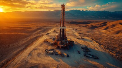Fototapete - Heavy machinery is actively drilling for oil in a remote desert landscape as the sun sets behind distant mountains, illuminating the area with a warm glow, showcasing the industrial effort.
