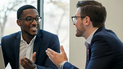 Poster - A bright, modern office setting featuring two businessmen engaged in a discussion. The African-American man is smiling, while the Caucasian man is gesturing with his hand to emphasize a point.
