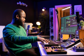 Aufkleber - Modern producer playing piano keys to record a new soundtrack, trying to produce a song using midi controller electronic keyboard. Songwriter composer playing instrument notes to create tunes.