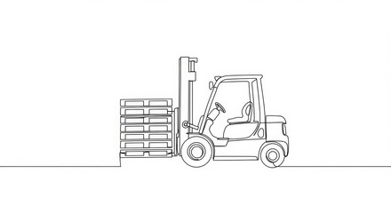 Minimalist line drawing of a forklift transporting stacked pallets on white background