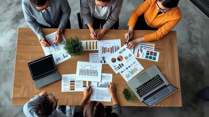 Poster - An overhead shot shows a team analyzing financial data around a table. Laptops, charts, and pens suggest they're reviewing performance metrics and planning strategies in a collaborative setting.