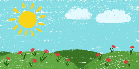 grass and sky background. crayon kid landscape with spring field. vector green grass, flower, blue s