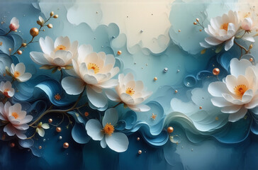 Wall Mural - soft white flowers with golden accents bloom against a dreamy blue and white background. gentle and 