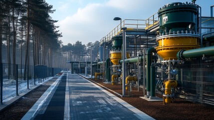 Fototapete - Extraction equipment and pipelines are visible alongside a pathway in a forested area, designed for energy generation and management in cold weather conditions.