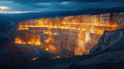 Fototapete - Illuminated walls of a large quarry display ongoing excavation and mineral extraction activities during nighttime, showcasing the scale of the operation amid rugged terrain.