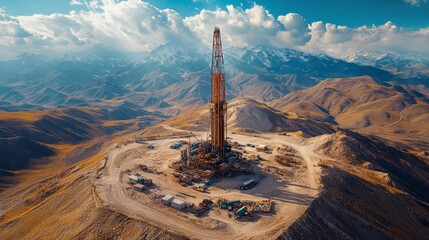 Leinwandbilder - Workers engage in oil drilling at a high altitude site surrounded by majestic mountains under a bright sky. Heavy machinery and equipment are present, emphasizing extraction activities.