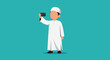 © Lentera - Pixelated Vector Illustration of a Muslim Man Taking a Selfie in White Traditional Clothing and Headwear Against Teal Background