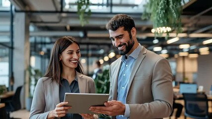 Poster - Two smiling colleagues are reviewing a tablet in a modern office setting. The workspace is bright and airy, with indoor plants. They are collaborating on a project, showcasing teamwork and tech use.