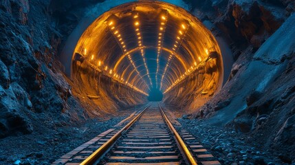 Fototapete - Bright lights illuminate a tunnel at a mining site, highlighting railway tracks that lead deep underground, emphasizing the depth and scale of the excavation.