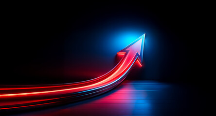 Wall Mural - a vibrant red arrow streaks upwards on a dark backdrop, illuminated by glowing blue light. the arrow