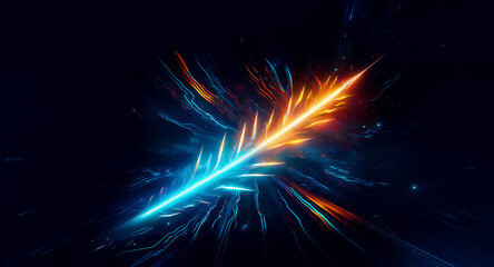 Wall Mural - an abstract, glowing feather shape emits vibrant orange and blue light rays. this dynamic and energe