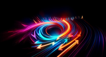 Wall Mural - colorful light trails swirl into a vortex on a black backdrop. arrows of vibrant light converge towa