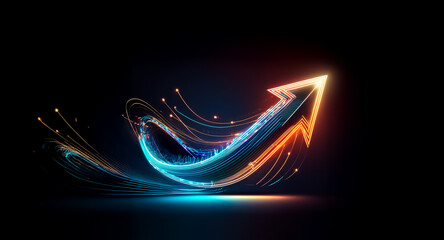 Wall Mural - a luminous arrow streaks upwards, leaving vibrant light trails against a stark black backdrop, sugge