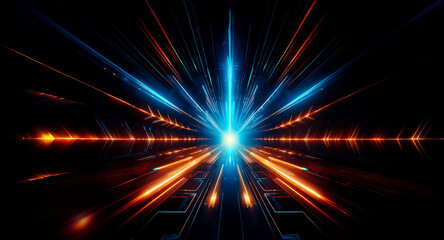 Wall Mural - abstract blue and orange rays burst from center on black. dynamic, futuristic light effect suggestin
