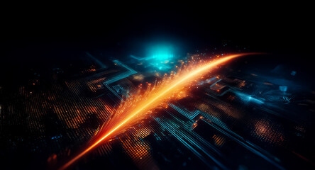Wall Mural - a vibrant orange streak cuts through a dark abstract landscape, illuminated by cool blue accents, cr
