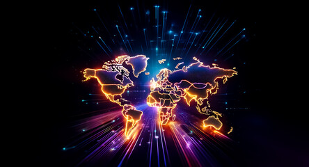 Wall Mural - illuminated world map outline on a black background, vibrant lights radiate outwards, symbolizing gl