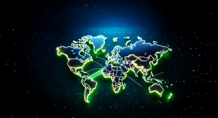 Wall Mural - a glowing world map with neon green outlines is displayed against a dark starry background. bright g