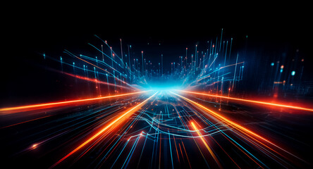 Wall Mural - abstract image of blue and orange light streaks on a dark backdrop, converging towards a central poi