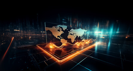 Wall Mural - futuristic digital world map with glowing continents is displayed on a reflective platform in a dark