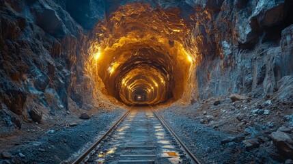 Aufkleber - Cavernous underground tunnel showcasing illuminated rock formations and railway tracks used for transporting minerals during excavation activities.