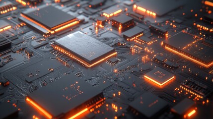 Close-up of printed circuit board with microchips and electrical traces under soft lighting, symbolizing modern electrical engineering