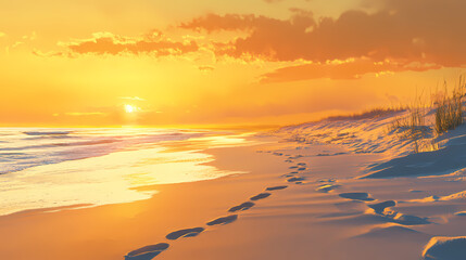 Wall Mural - sandy beach footprints fading into golden sunset, vanishing toward distant ocean horizon with warm e