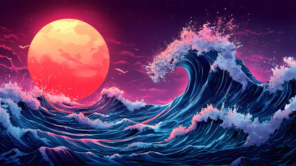 Wall Mural - neon light circle. shadowed waves. illustration