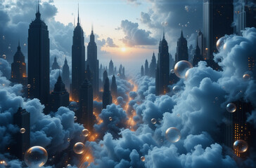 Wall Mural - surreal cityscape at dusk. silhouetted tall buildings pierce vibrant sunset sky. clouds drift throug