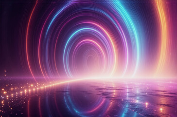 Wall Mural - a vibrant tunnel of neon light circles glows with pink, blue, and yellow hues. the light reflects on
