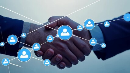 Poster - Close-up two business partners shaking hands, enhanced network connections, emphasizing teamwork , collaboration. The blue , white accents symbolize trust , reliability professional relationship.