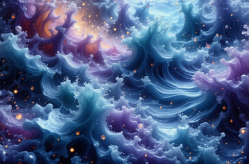 Wall Mural - an abstract and dreamy scene featuring swirling waves of blues and purples, highlighted by vibrant o
