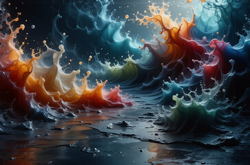 Wall Mural - colorful liquid splashes collide, creating dynamic movement against a dark backdrop. vivid hues of o
