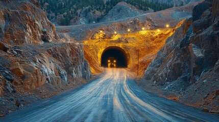 Leinwandbilder - A mining tunnel reveals a well lit entrance set against rugged rocks, with a dirt road leading toward it. The twilight sky casts a serene glow over the surrounding mountains.