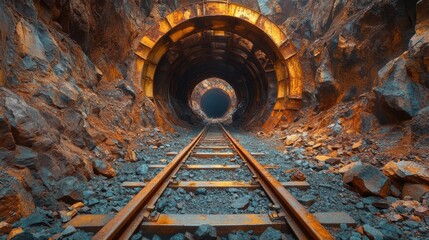 Fototapete - Tracks lead into a dark mining tunnel surrounded by rocky walls, highlighting the excavation process in a mineral rich quarry setting with a focus on infrastructure.